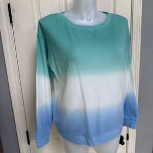 SPLENDID Thermal Colorblock Dip Tie Dye Long Sleeve Shirt Crewneck Aqua Blue L